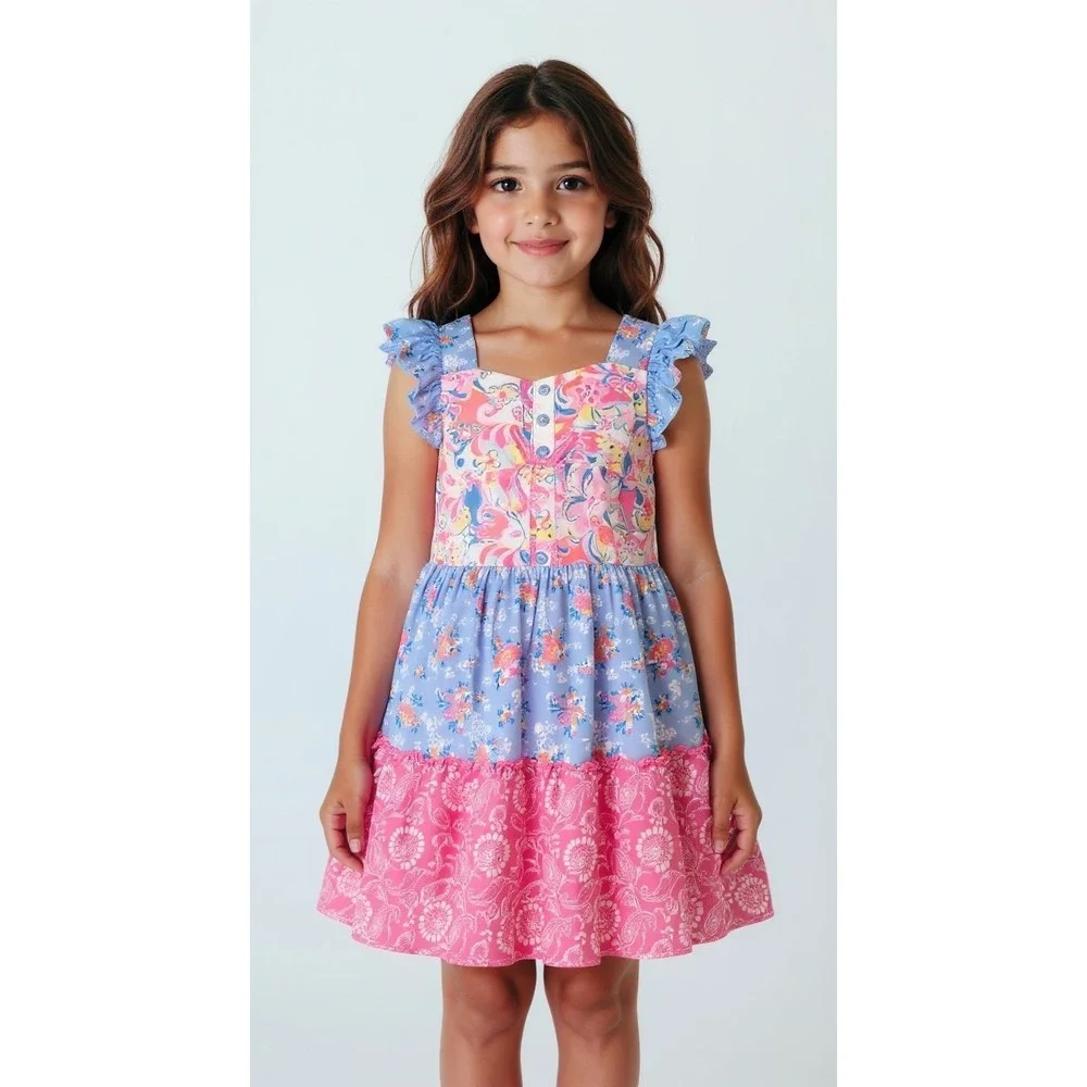 Jona Michelle Girls Tiered Floral Paisley Ruffle Dress Pink‎ Blue Size 7